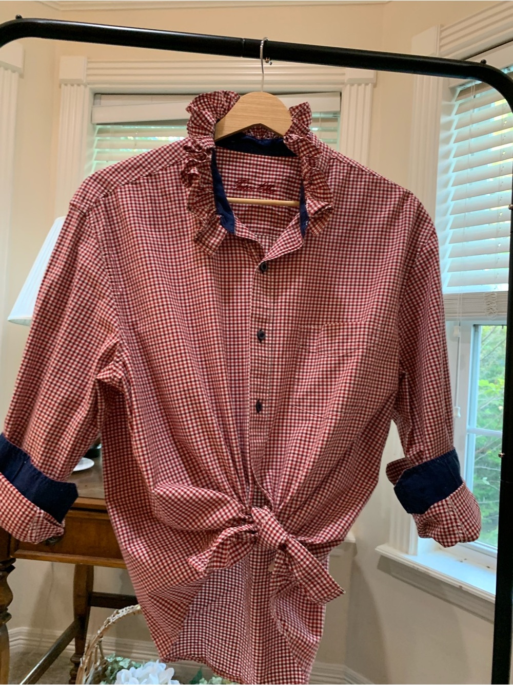 Women’s Red Gingham Button-Up Shirt with Tie Front